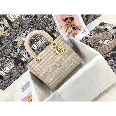 Dior Medium Lady D-Lite Bag In Pink Houndstooth Embroidery