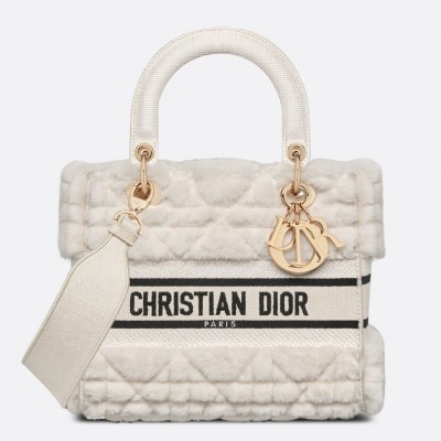 Dior Medium Lady D-Lite Bag In White Cannage Shearling