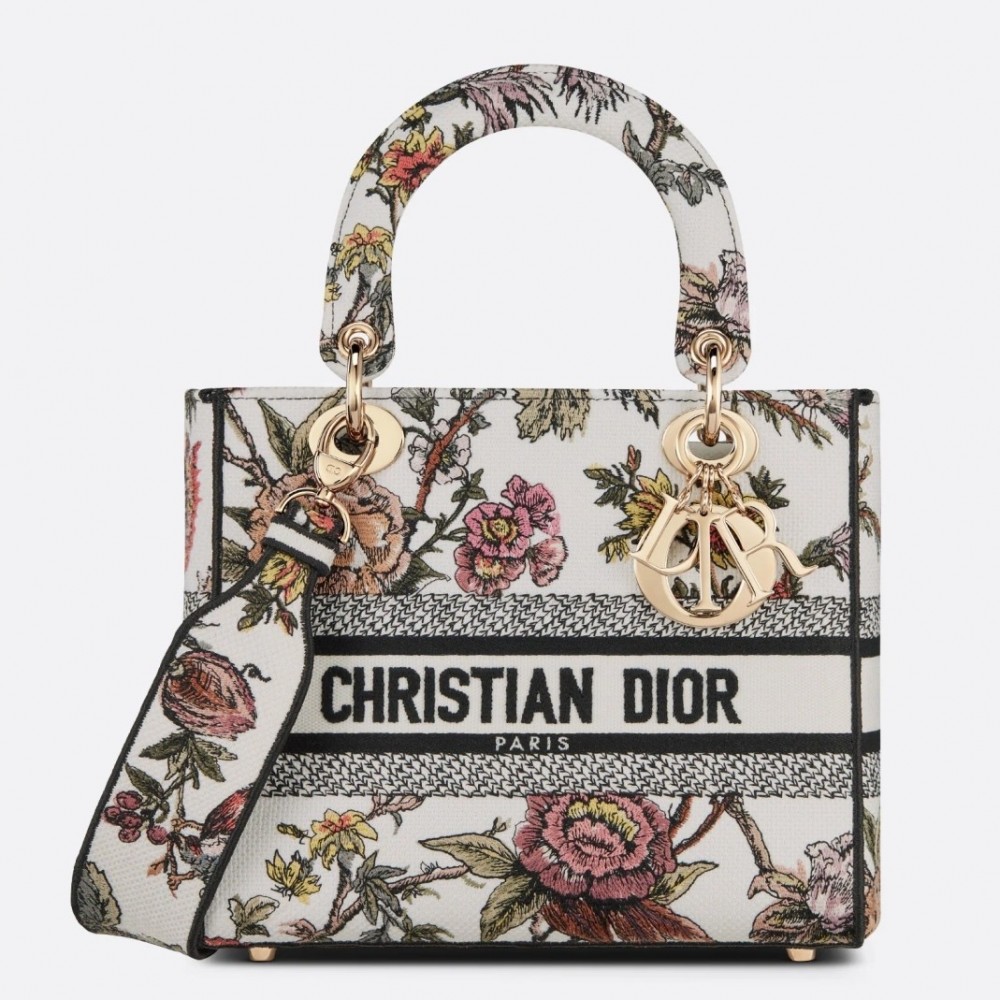 Dior Medium Lady D-Lite Bag In White Jardin Botanique Embroidery