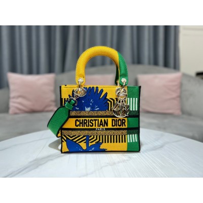 Dior Medium Lady D-Lite Bag In Yellow and Green D-Flower Pop Embroidery