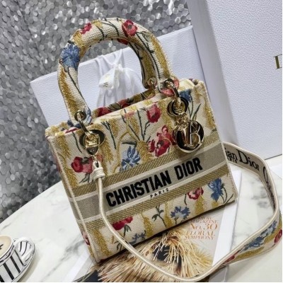 Dior Medium Lady D-Lite Hibiscus Metallic Thread Embroidery Bag