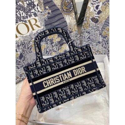 Dior Mini Book Tote Bag In Blue Dior Oblique Embroidered Velvet