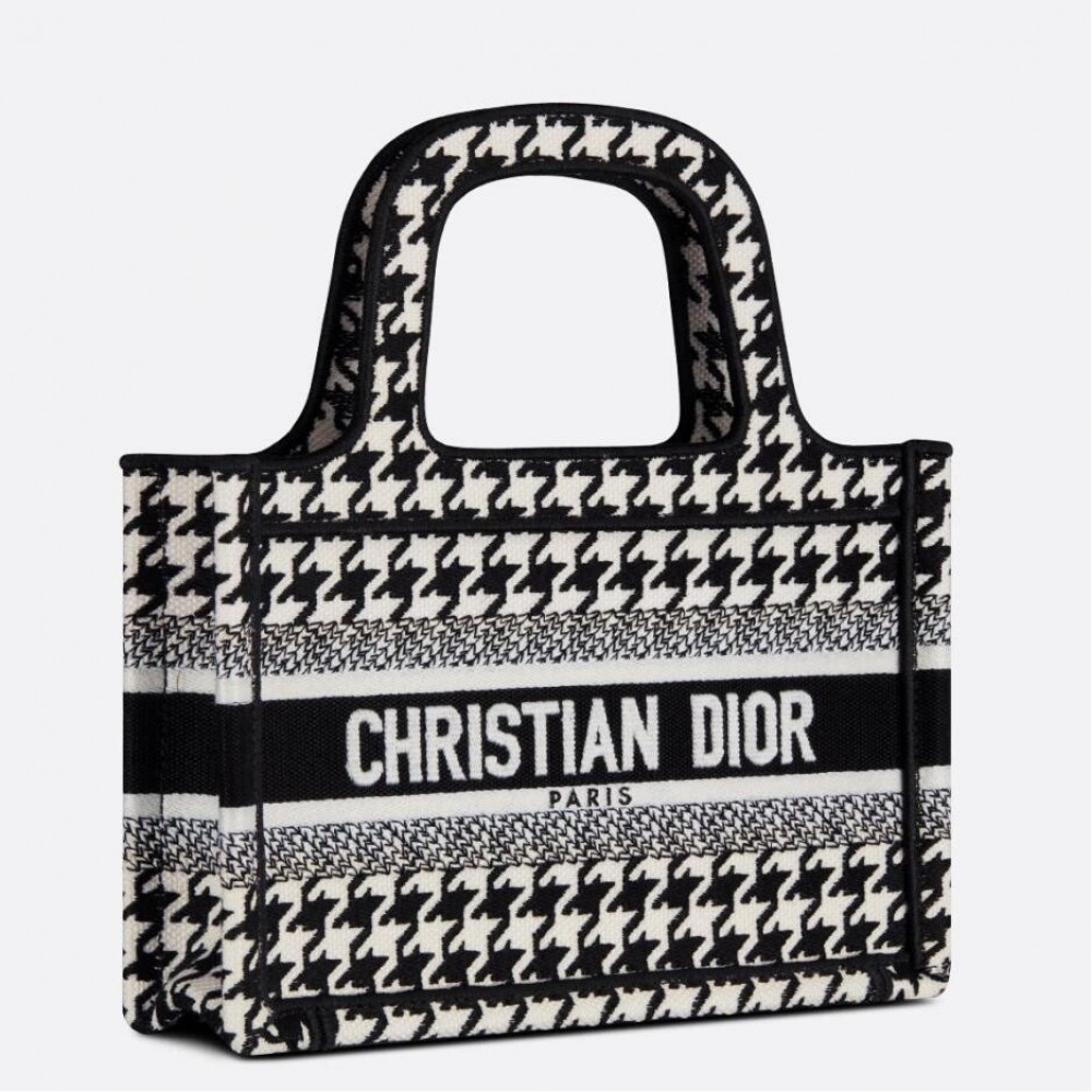 Dior Mini Book Tote Bag In Micro Houndstooth Embroidery