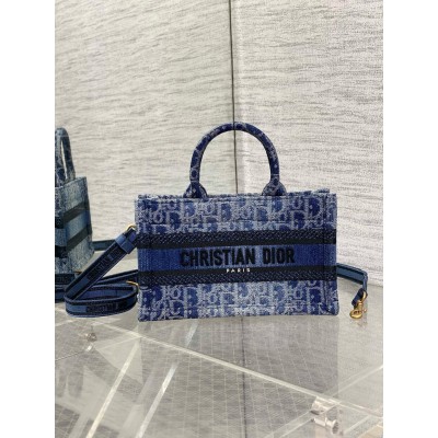 Dior Mini Book Tote with Strap in Blue Denim Oblique Jacquard