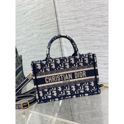 Dior Mini Book Tote with Strap in Blue Dior Oblique Embroidery