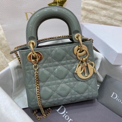 Dior Mini Lady Dior Bag In Grey Patent Calfskin