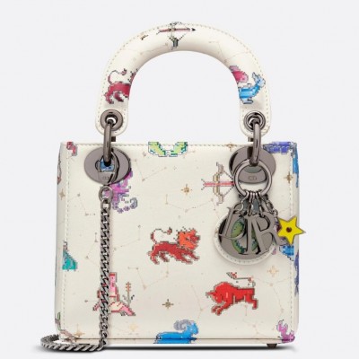 Dior Mini Lady Dior Bag In White Calfskin with Pixel Zodiac Print