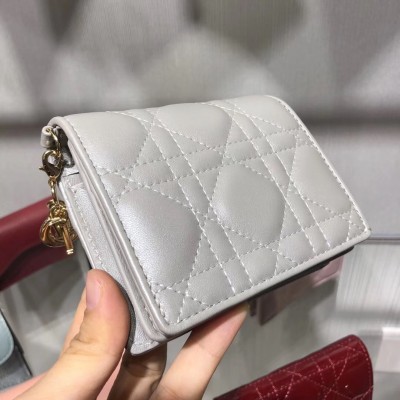 Dior Mini Lady Dior Wallet In Opal Grey Pearly Lambskin