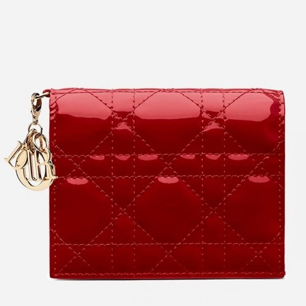 Dior Mini Lady Dior Wallet In Red Patent Leather