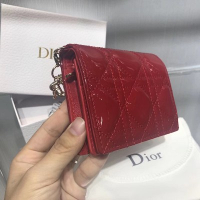 Dior Mini Lady Dior Wallet In Red Patent Leather