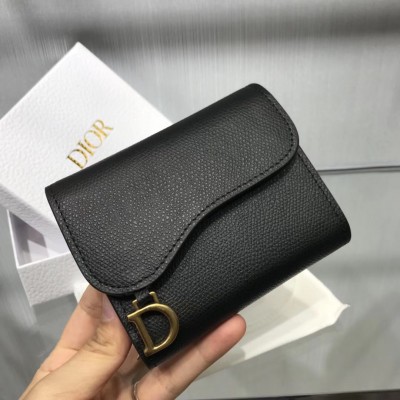 Dior Mini Saddle Tri-Fold Wallet In Black Calfskin