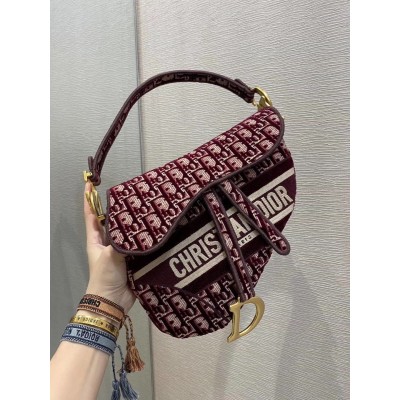 Dior Saddle Bag In Burgundy Dior Oblique Embroidered Velvet