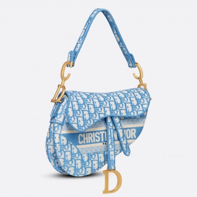 Dior Saddle Bag In Cornflower Blue Dior Oblique Embroidery