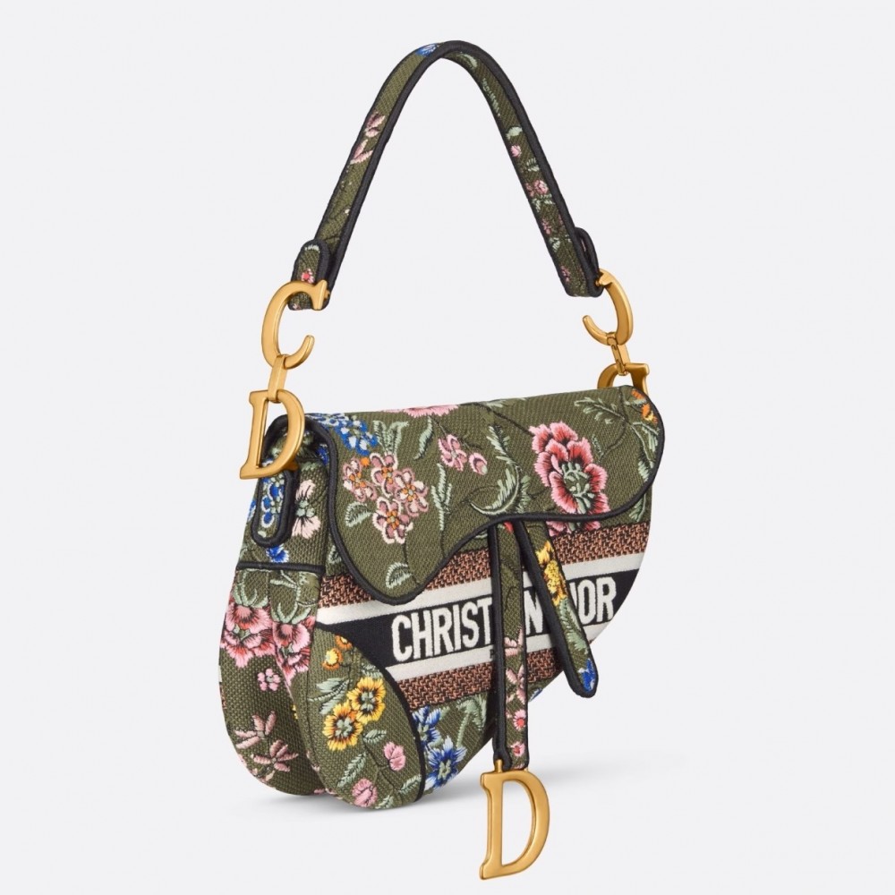 Dior Saddle Bag In Green Multicolor Dior Petites Fleurs Embroidery