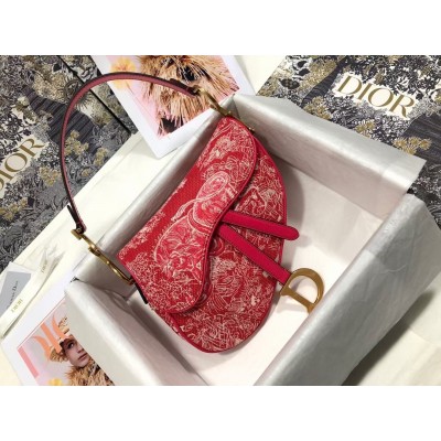 Dior Saddle Bag In Red Toile de Jouy Reverse Jacquard