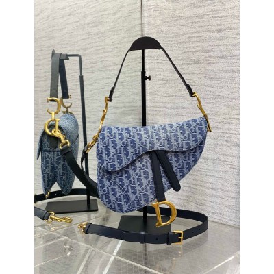 Dior Saddle Bag with Strap in Blue Denim Oblique Jacquard