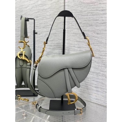 Dior Saddle Bag with Strap in Grey Stone Grained Calfskin