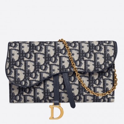 Dior Saddle Chain Wallet In Blue Oblique Canvas