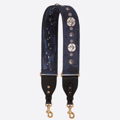 Dior Shoulder Strap In Blue Camouflage Embroidered Canvas