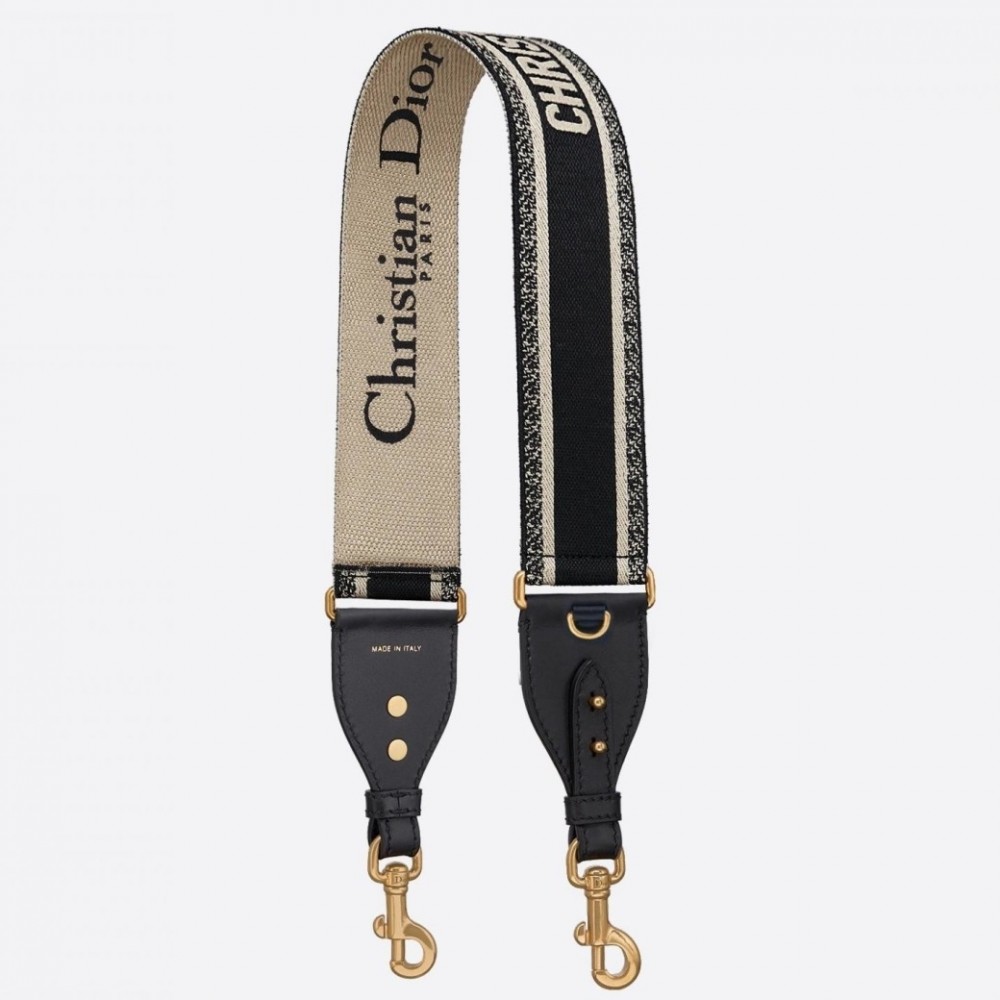 Dior Shoulder Strap with Ring in Black Embroidery Canvas