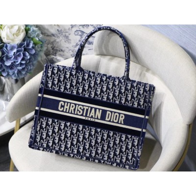 Dior Small Book Tote Bag In Blue Oblique Embroidered Velvet