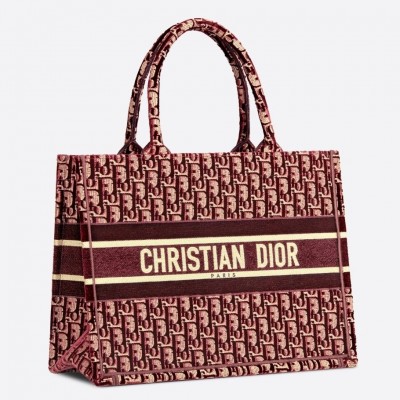 Dior Small Book Tote Bag In Bordeaux Oblique Embroidered Velvet