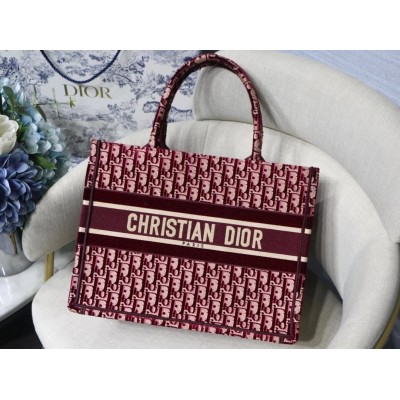 Dior Small Book Tote Bag In Bordeaux Oblique Embroidered Velvet