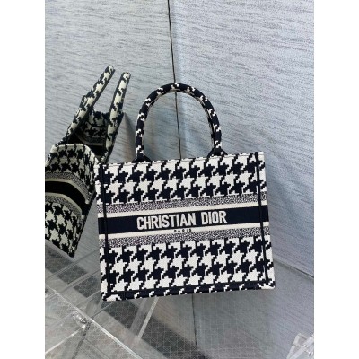 Dior Small Book Tote Bag In Micro Houndstooth Embroidery