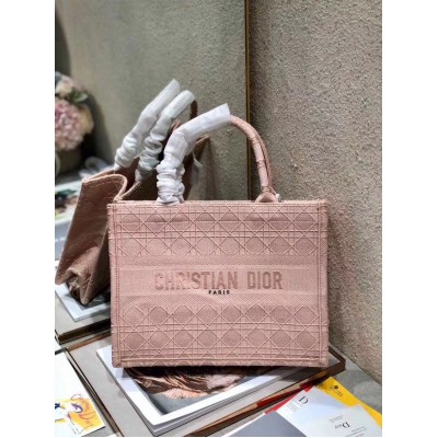 Dior Small Book Tote Bag In Pink Cannage Embroidery