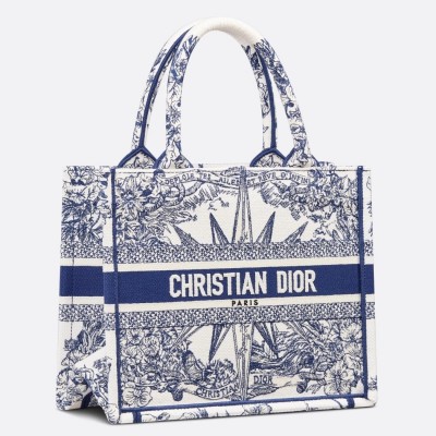 Dior Small Book Tote Bag In White & Blue Reve d'Infini Embroidery