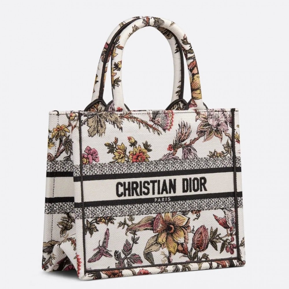 Dior Small Book Tote Bag In White Multicolor Jardin Botanique Embroidery