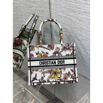 Dior Small Book Tote Bag In White Multicolor Jardin Botanique Embroidery