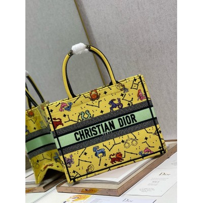 Dior Small Book Tote Bag In Yellow Multicolor Pixel Zodiac Embroidery