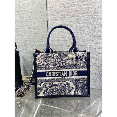 Dior Small Book Tote Bag with Strap in Toile de Jouy Sauvage Embroidery with Blue Calfskin