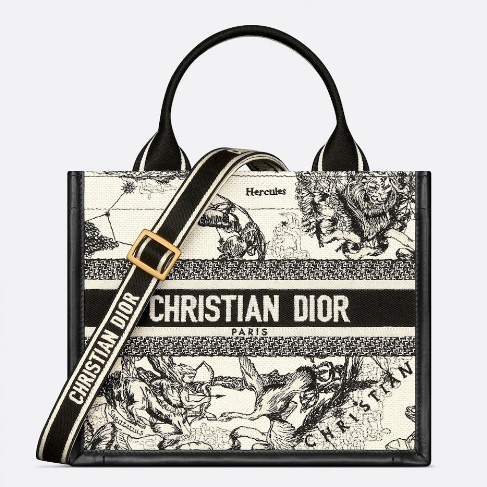 Dior Small Book Tote Bag with Strap in Zodiac Embroidery and Black Calfskin