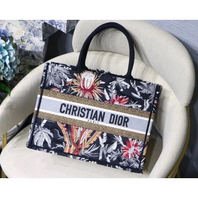 Dior Small Book Tote In Black Camouflage With Flowers