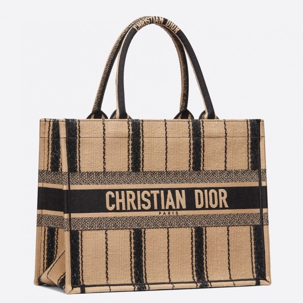 Dior Small Book Tote In Black and Beige Bayadere Embroidered