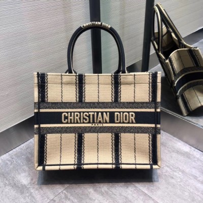 Dior Small Book Tote In Black and Beige Bayadere Embroidered