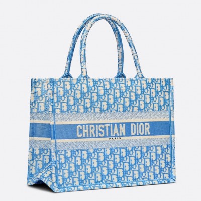 Dior Small Book Tote In Cornflower Blue Dior Oblique Embroidery