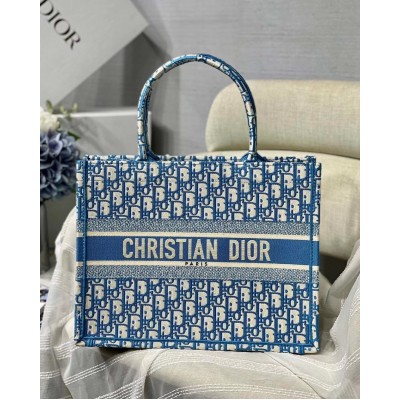 Dior Small Book Tote In Cornflower Blue Dior Oblique Embroidery