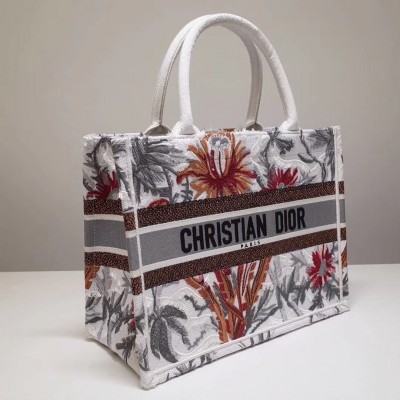 Dior Small Book Tote In White Camouflage With Flowers