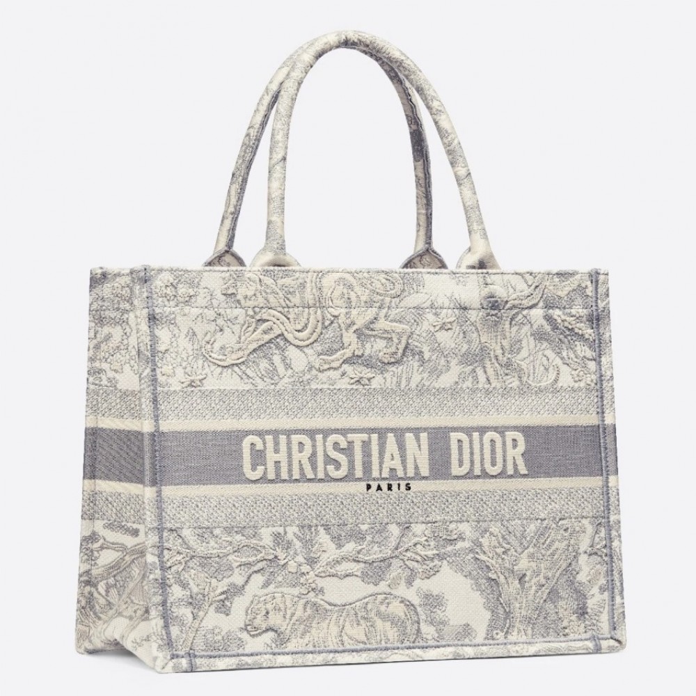 Dior Small Dioraura Book Tote In Grey Toile De Jouy Canvas